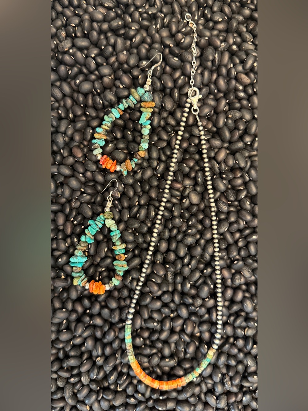 Turquoise and Orange Spiny Sterling Silver Bead Necklace and Earrings Set